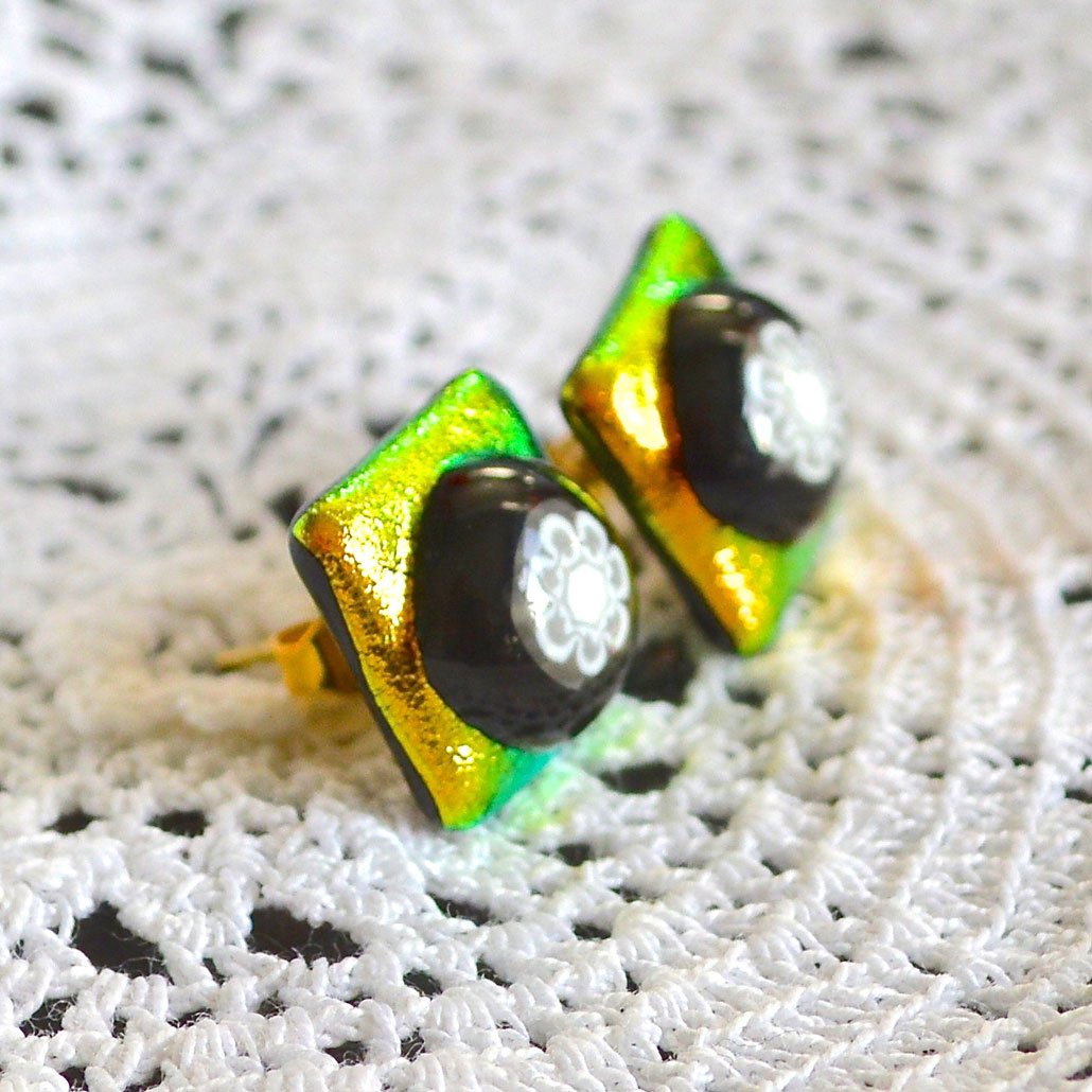 Wicksteads AWDesignsUK Golden Lime Dichroic Glass Stud Earrings