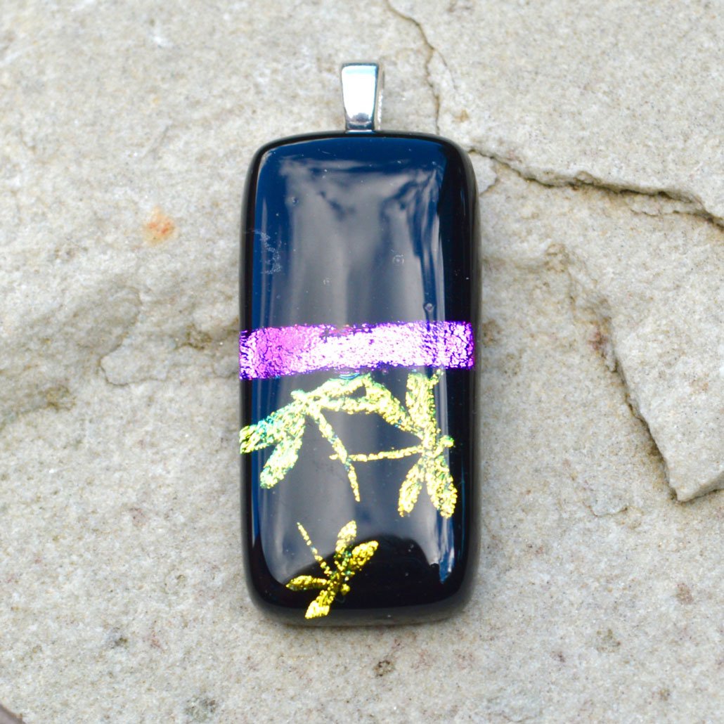 Wickstead's-AW-Designs-UK-Iridescent-Black-Purple-Dragon-Fly-Dichroic-Glass-Pendant-(1) Wicksteads AWDesignsUK Iridescent Black Purple Dragon Fly Dichroic Glass Pendant