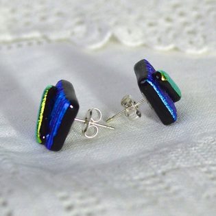 Wicksteads AWDesignsUK Blue Lime Dichroic Glass Sterling Silver Stud Earrings