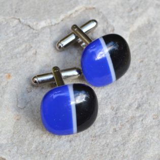 Fused Glass Cufflinks Rounded Squares Black & Blue