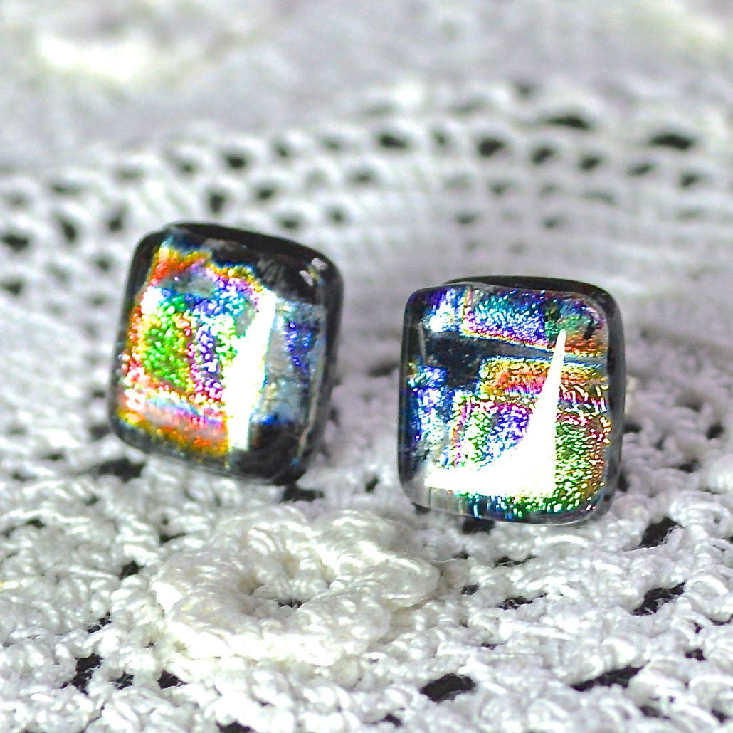 Wicksteads AWDesignsUK Metallic Rainbow Dichroic Glass Sterling Silver Stud Earrings