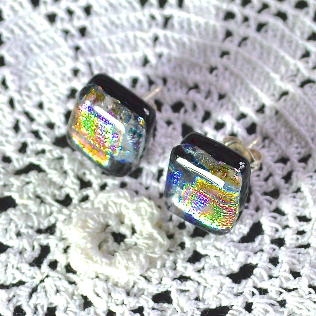 Wicksteads AWDesignsUK Metallic Rainbow Dichroic Glass Sterling Silver Stud Earrings