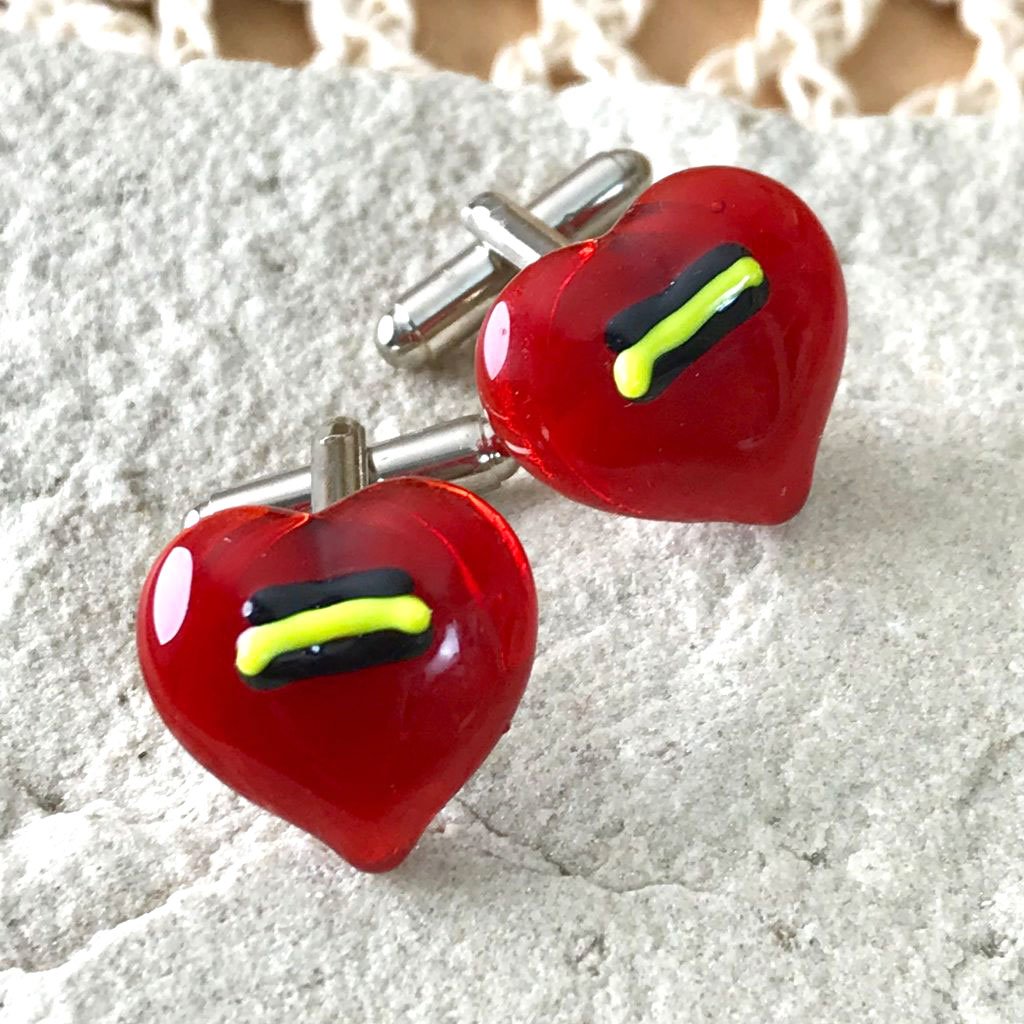 Red Glass Heart Cufflinks with a Flash of Yellow & Black by AWDesignsUK