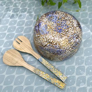 Bamboo Salad Bowl & Servers. Blue Eggshell Crackle