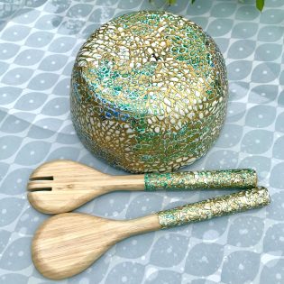 Bamboo Salad Bowl & Servers. Green Eggshell Crackle