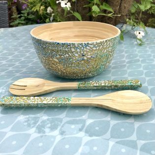 Bamboo Salad Bowl & Servers. Green Eggshell Crackle