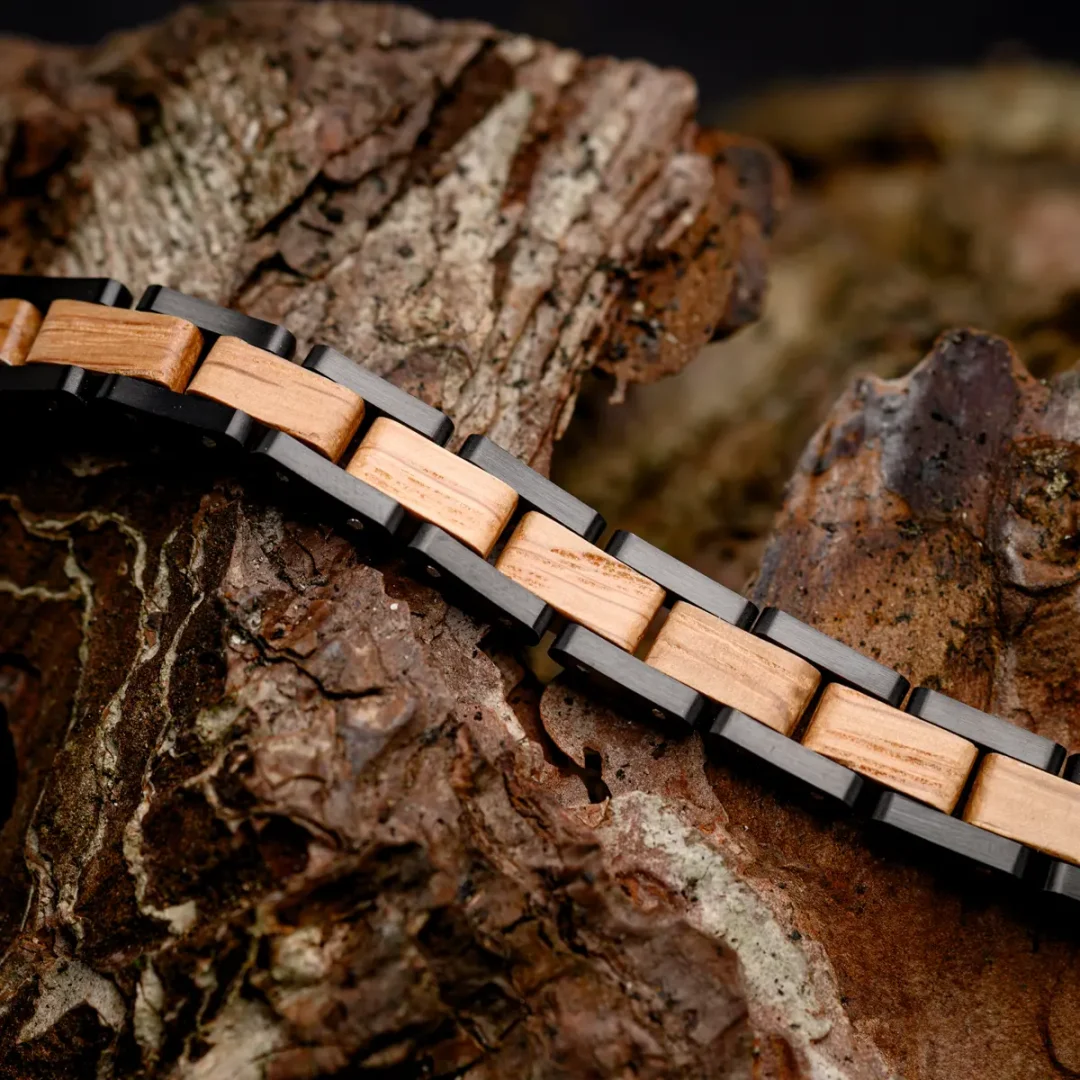 Edward Charcoal Black Tungsten Steel & Reclaimed Whiskey Wood Bracelet