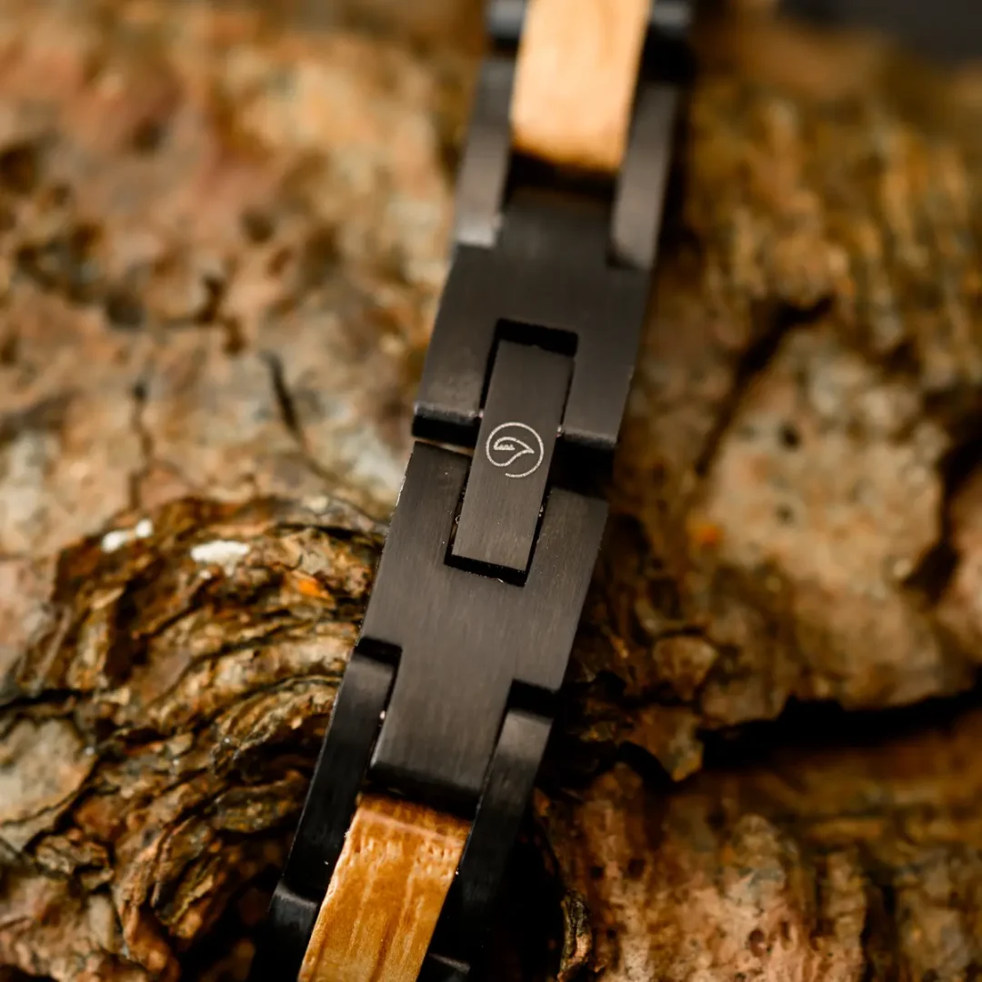 Edward Charcoal Black Tungsten Steel & Reclaimed Whiskey Wood Bracelet