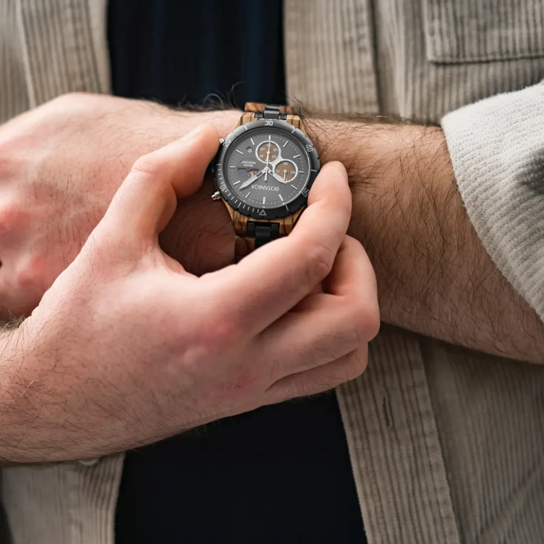 Europa Black Chronograph Watch - Zebrano Wood & Stainless Steel by Botanica