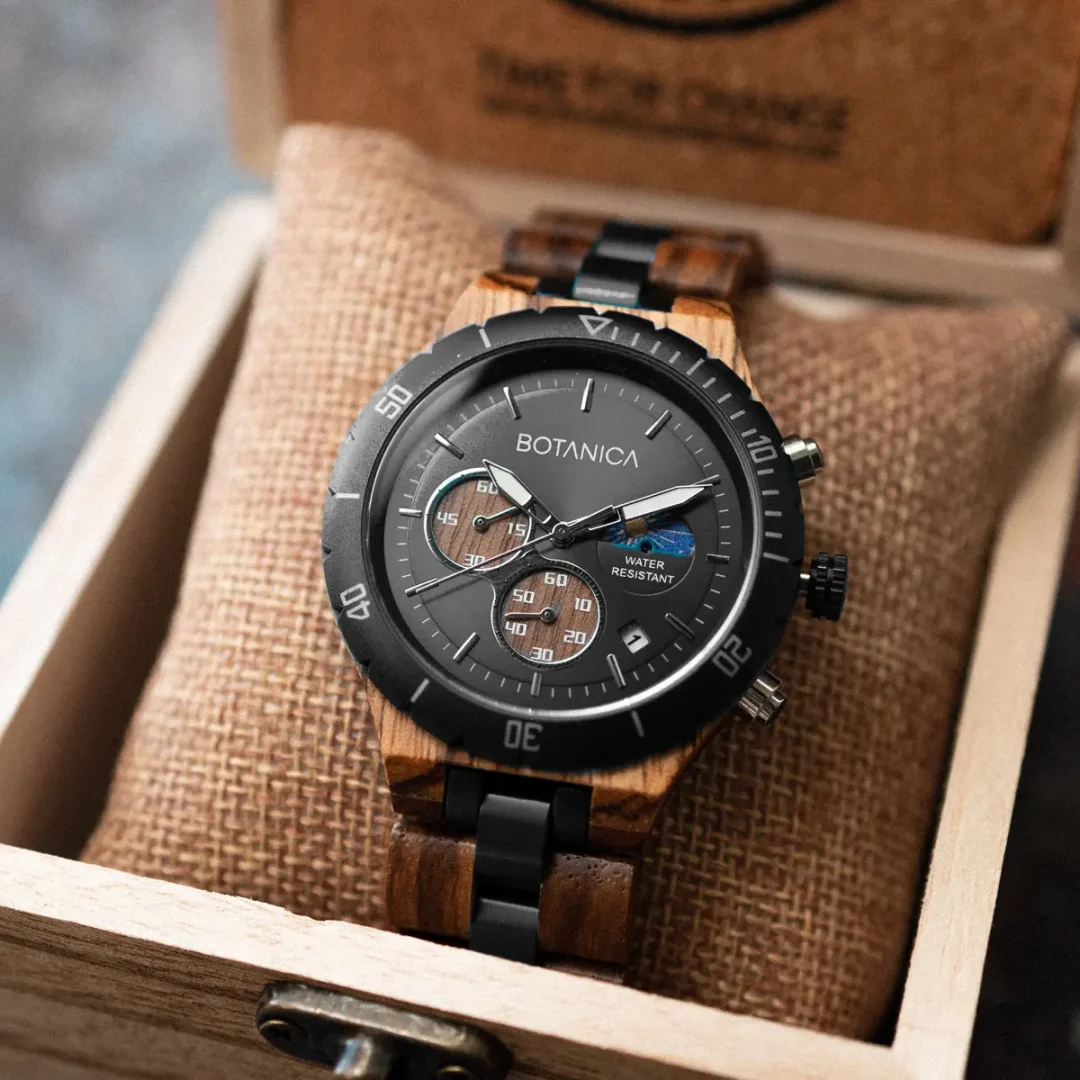 Europa Black Chronograph Watch - Zebrano Wood & Stainless Steel by Botanica