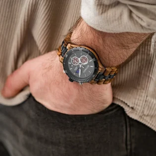 Europa Black Chronograph Watch - Zebrano Wood & Stainless Steel by Botanica