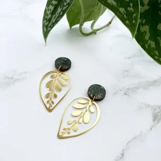 Gold Calathea Makoyana Drop Stud Earrings by Mica Peet