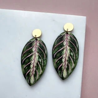Maranta Leaf Wooden Drop Stud Earrings by Mica Peet