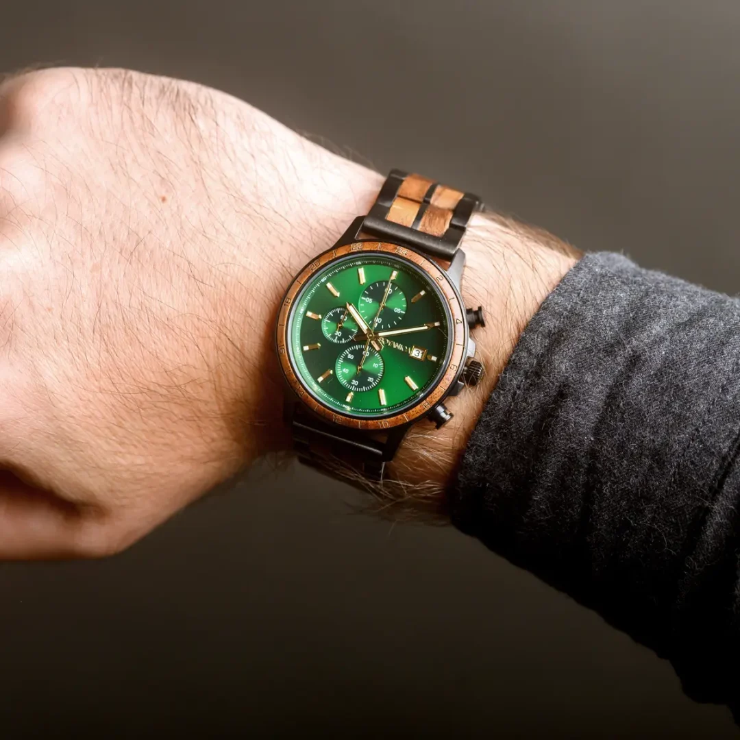 Turing Men's Green Chronograph Watch – Walnut Wood & Black Stainless Steel