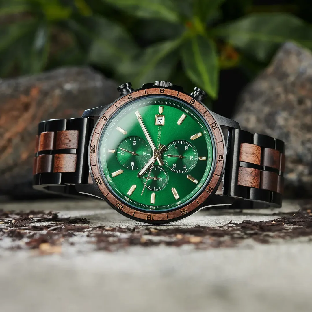 Turing Men's Green Chronograph Watch – Walnut Wood & Black Stainless Steel