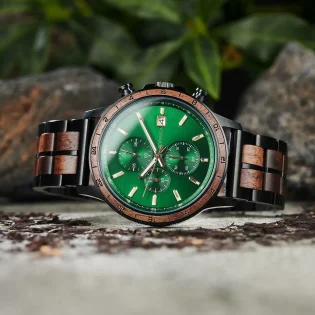 Turing Men's Green Chronograph Watch – Walnut Wood & Black Stainless Steel