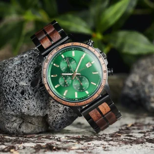 Turing Men's Green Chronograph Watch – Walnut Wood & Black Stainless Steel