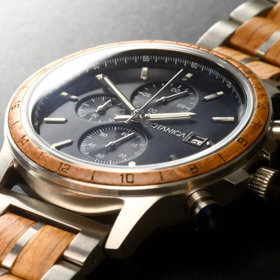 Botanica's Newton Men’s Silver Chronograph Watch - Whiskey Wood & Stainless Steel