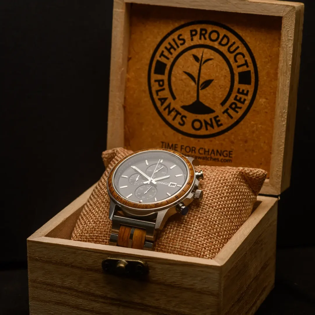 Botanica's Newton Men’s Silver Chronograph Watch - Whiskey Wood & Stainless Steel in Box