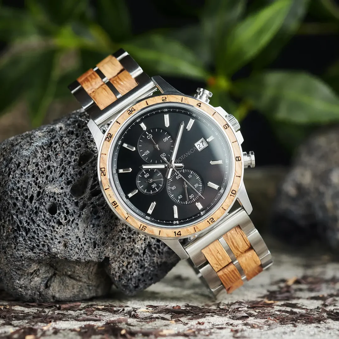 Botanica's Newton Men’s Silver Chronograph Watch - Whiskey Wood & Stainless Steel