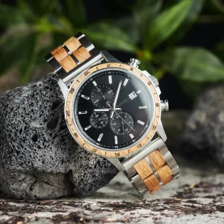 Botanica's Newton Men’s Silver Chronograph Watch - Whiskey Wood & Stainless Steel