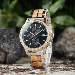 Botanica's Newton Men’s Silver Chronograph Watch - Whiskey Wood & Stainless Steel