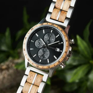 Botanica's Newton Men’s Silver Chronograph Watch - Whiskey Wood & Stainless Steel