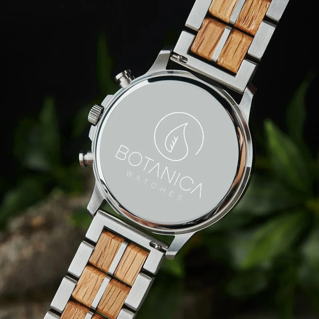 Botanica's Newton Men’s Silver Chronograph Watch - Whiskey Wood & Stainless Steel