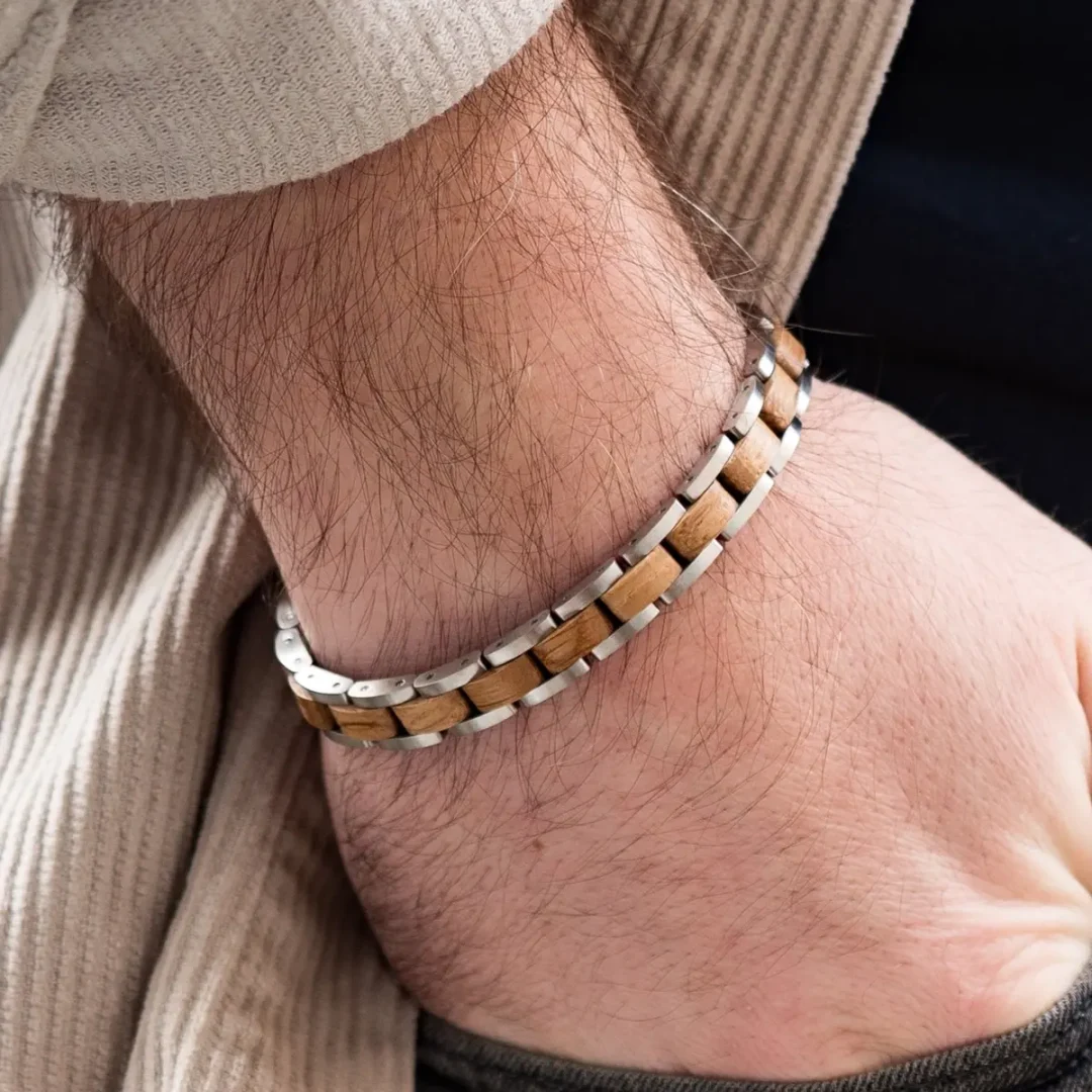 Charles Silver Tungsten Steel & Reclaimed Whiskey Wood Bracelet by Botanica