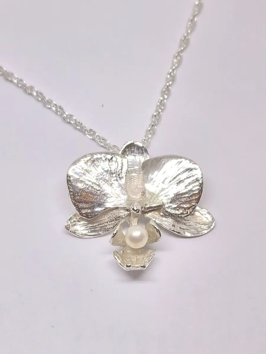 Sterling Silver & Pearl Moth Orchid Pendant Necklace