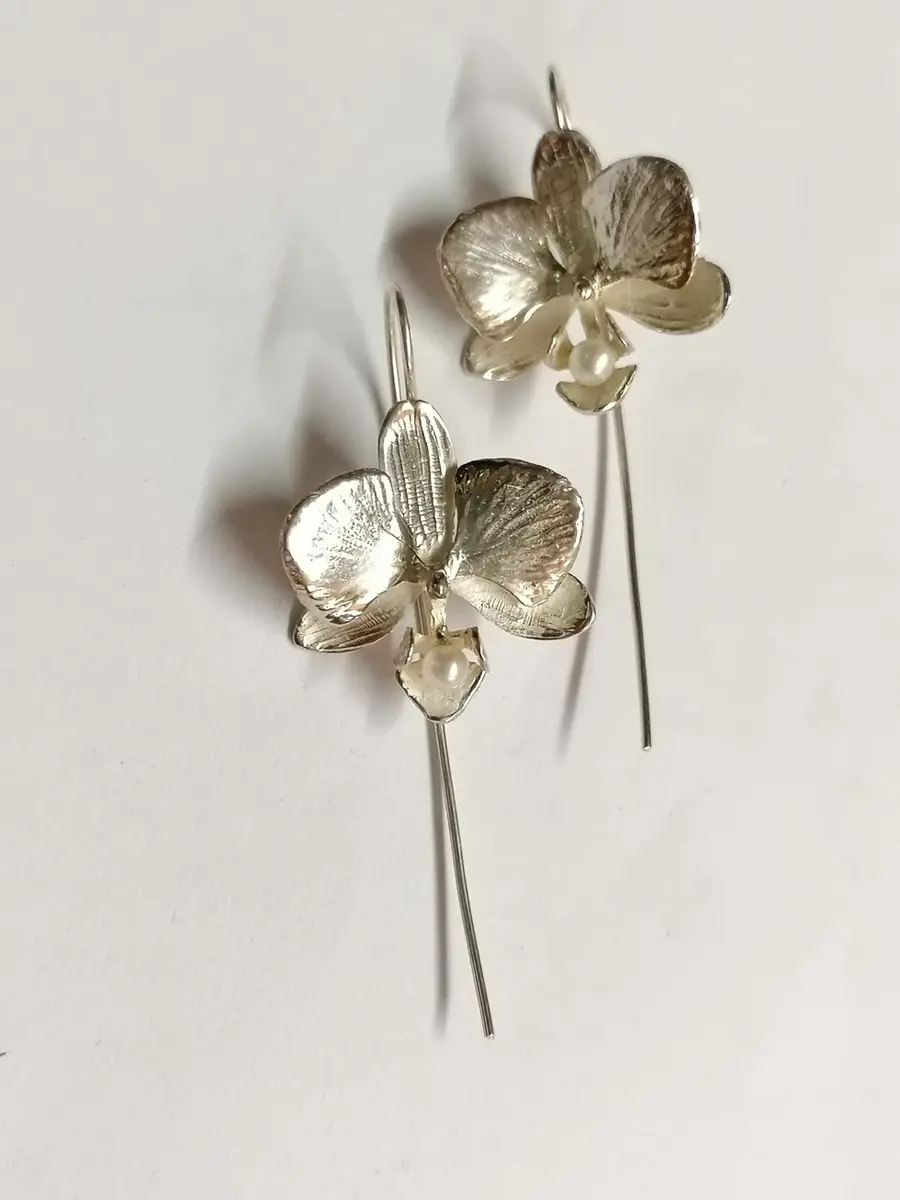 Sterling Silver & Pearl Moth Orchid Drop Earrings
