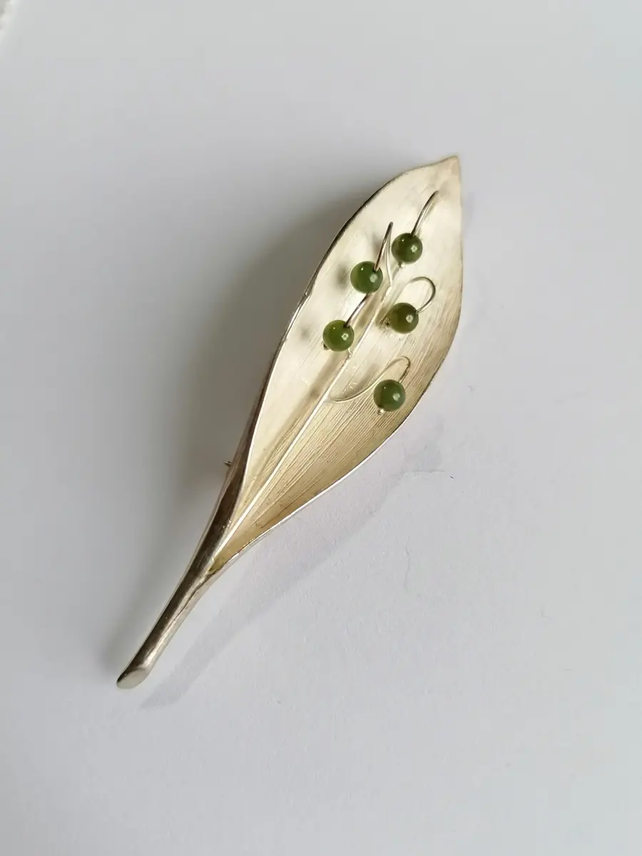 Sterling Silver Lily of the Valley Nephrite Jade Brooch