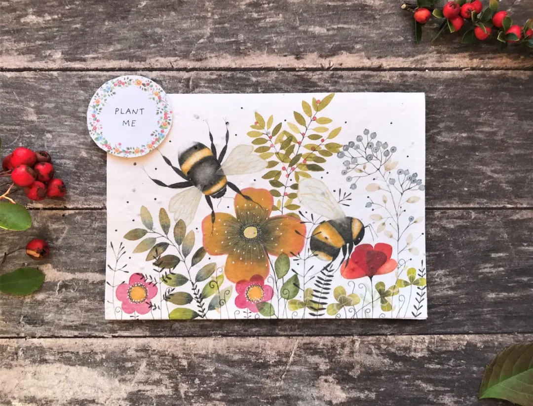 Botanical Bee Plantable Seed Paper Card by Erika's Whimsical Art