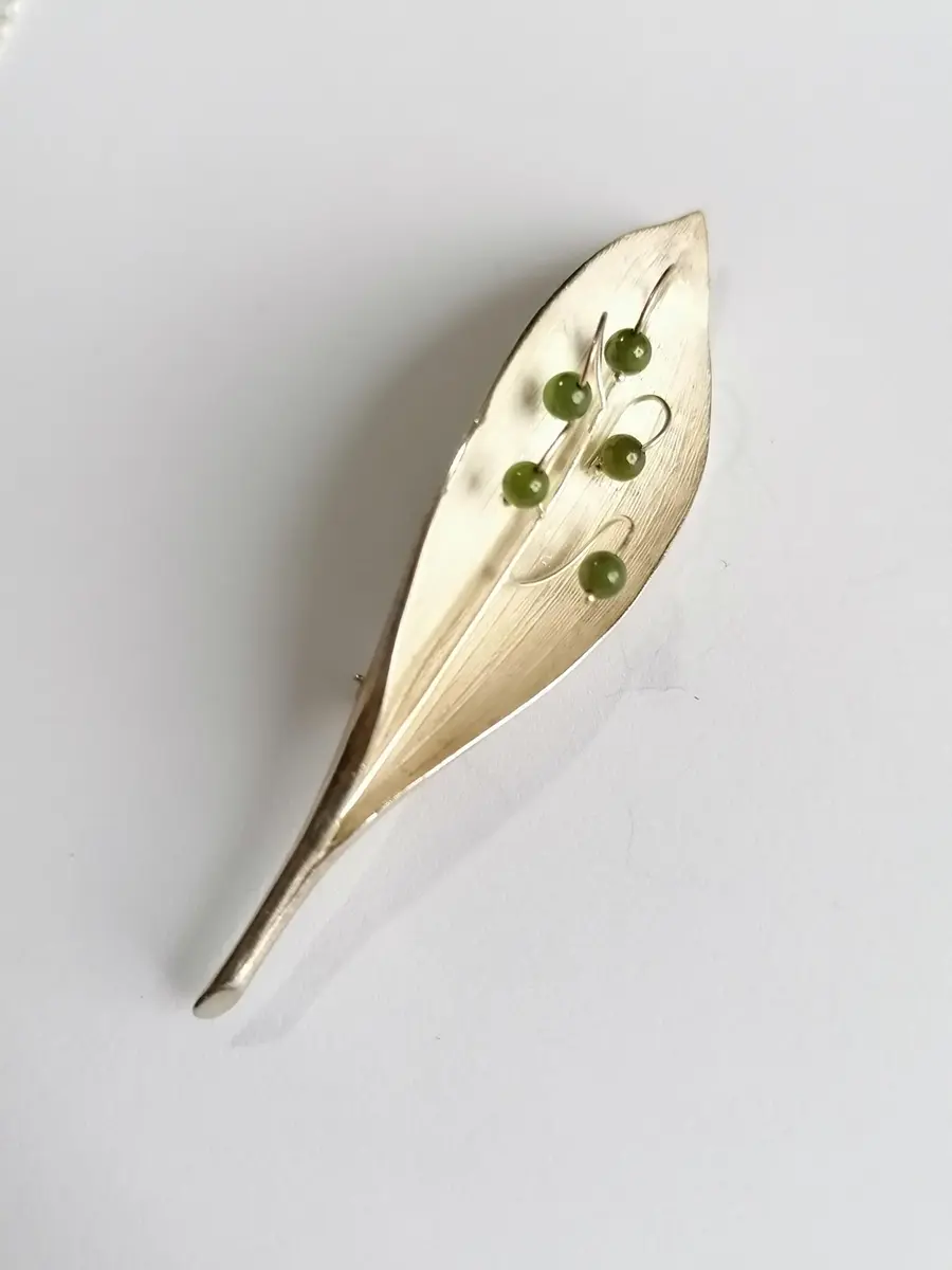 Sterling Silver Lily of the Valley Nephrite Jade Brooch