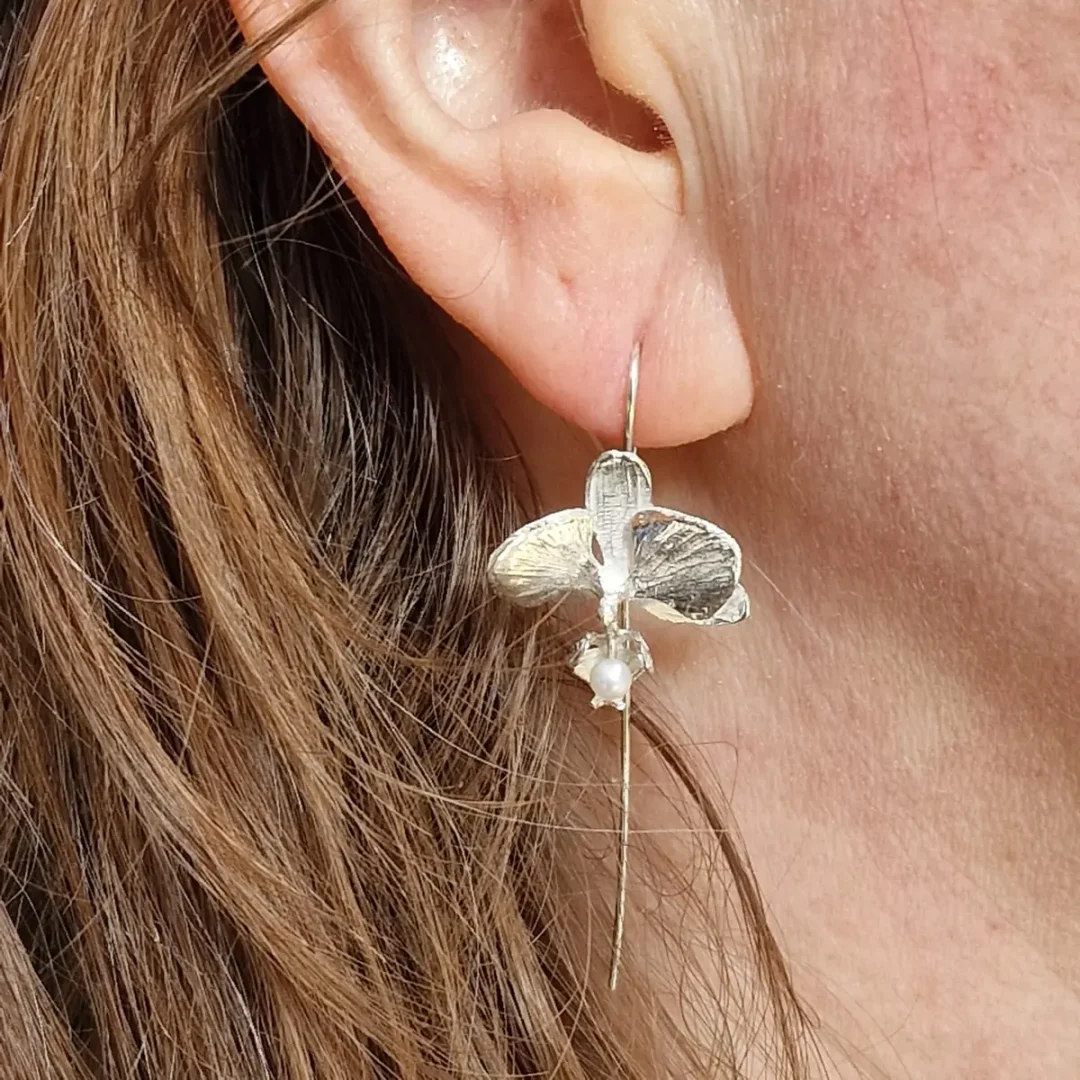 Sterling Silver & Pearl Moth Orchid Drop Earrings