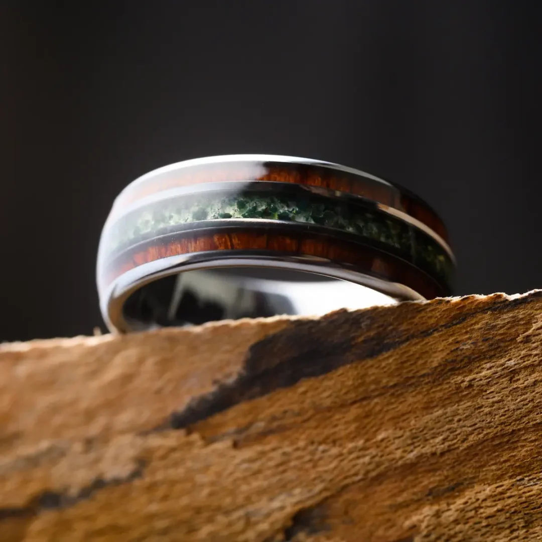 Dwalin Moss Agate & Rosewood Steel Men's Ring by Botanica