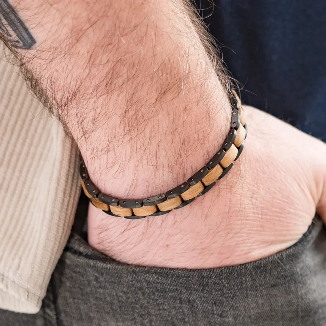 Botanica’s Edward Charcoal Black Tungsten Steel & Reclaimed Whiskey Wood Bracelet
