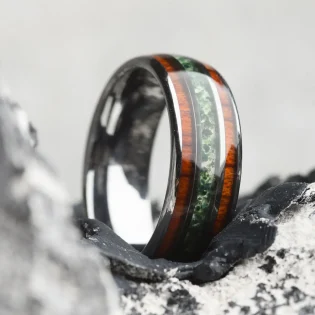 Dwalin Moss Agate & Rosewood Steel Men's Ring by Botanica