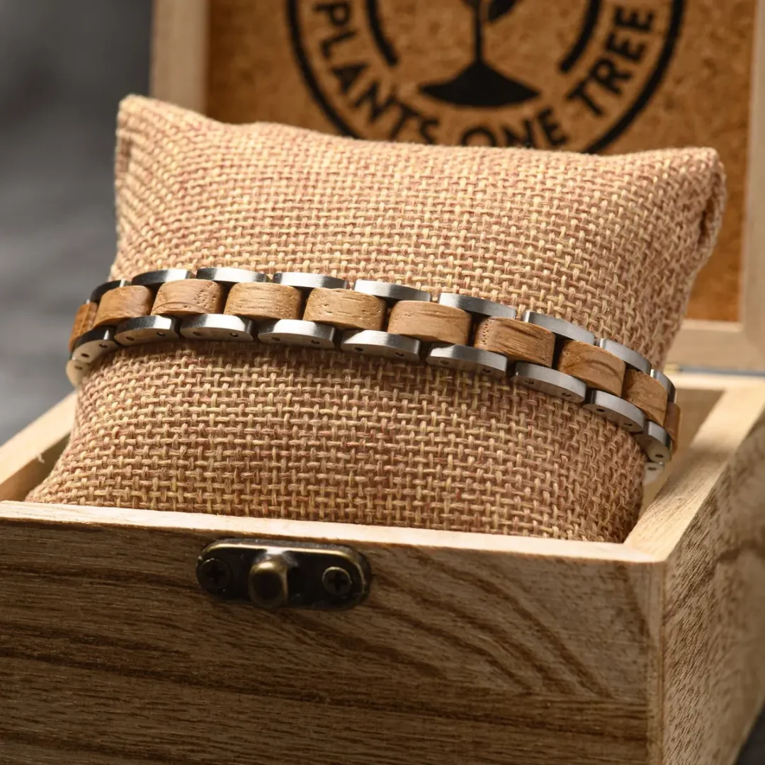 Charles Silver Tungsten Steel & Reclaimed Whiskey Wood Bracelet by Botanica
