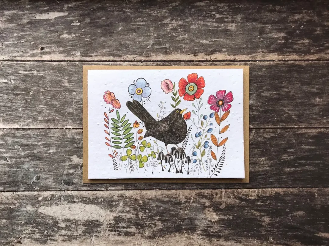 Blackbird Blooms Plantable Seed Paper Card by Erika's Whimsical Art 1