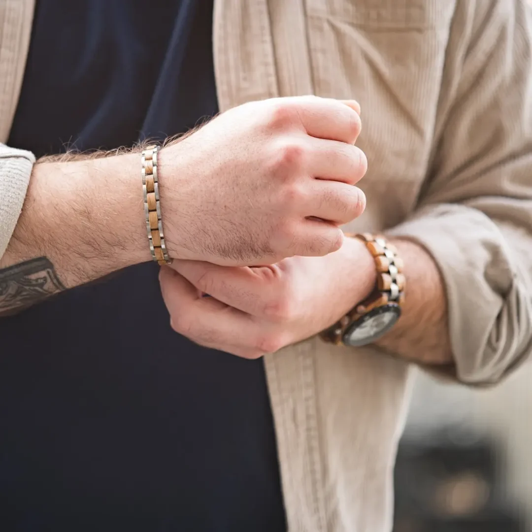 Charles Silver Tungsten Steel & Reclaimed Whiskey Wood Bracelet by Botanica