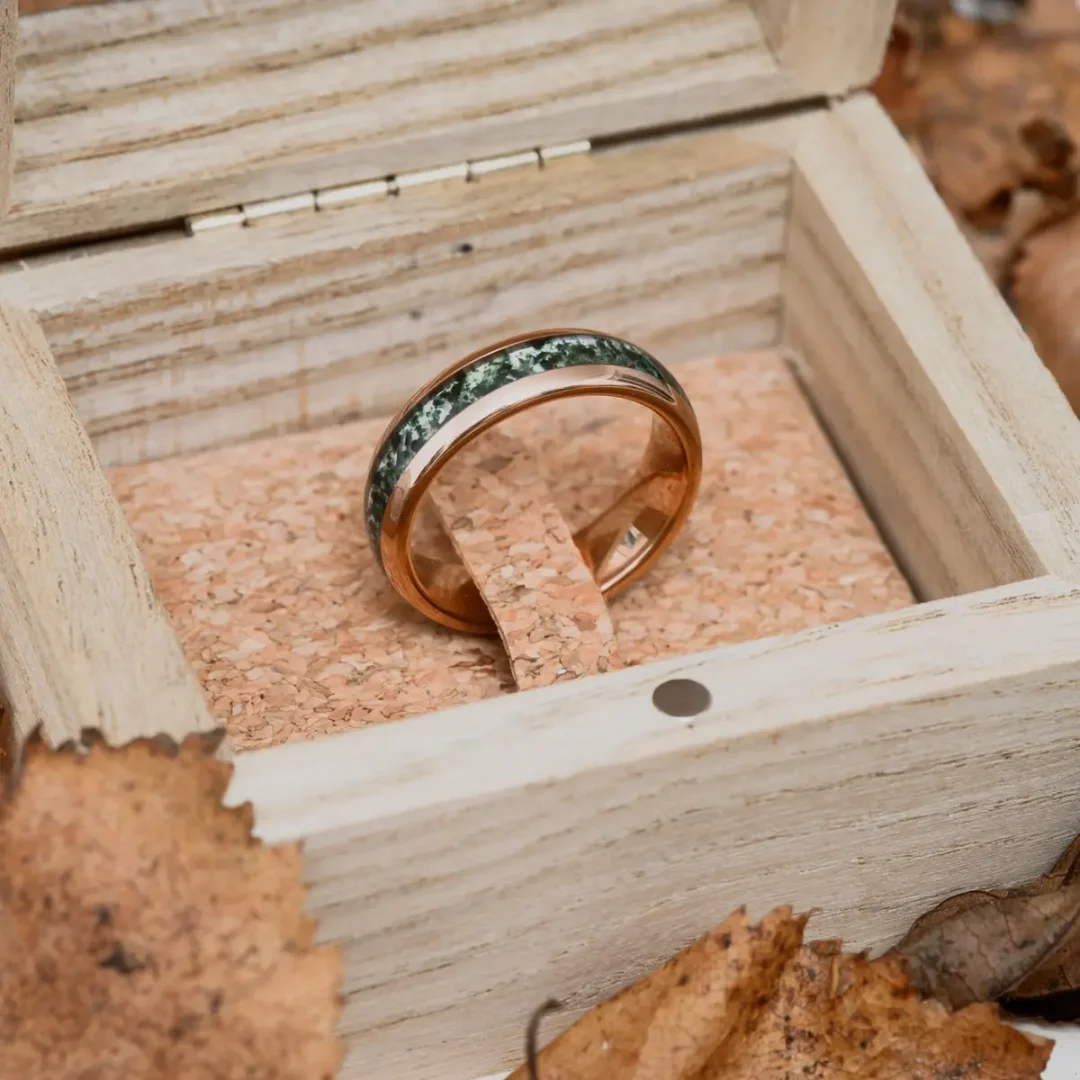 Gimli Moss Agate & Gold Tungsten Steel Men’s Ring by Botanica