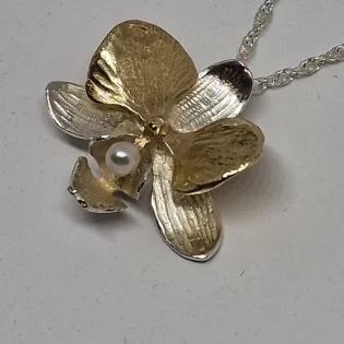9ct Gold, Pearl & Sterling Silver Moth Orchid Pendant Necklace