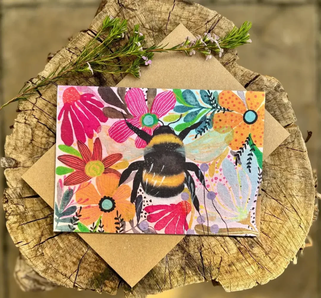 Vibrant Floral Bumble Bee Plantable Seed Paper Card by Erika’s Whimsical Art