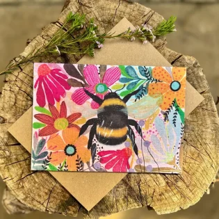 Vibrant Floral Bumble Bee Plantable Seed Paper Card by Erika’s Whimsical Art