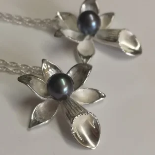 Black Pearl Sterling Silver Pleione Orchid Pendant Necklace