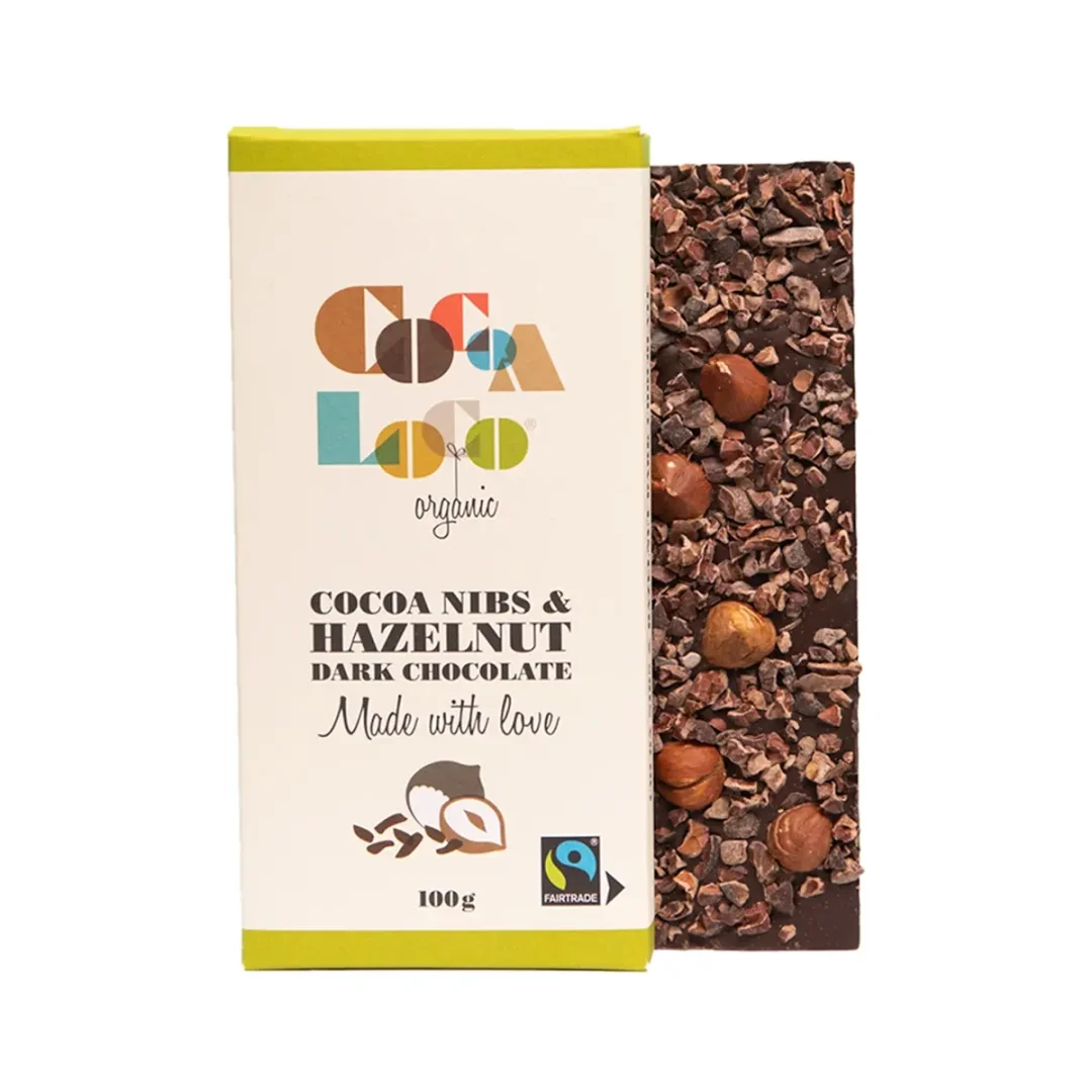 Cocoa Loco's Dark Chocolate, Cocoa Nibs & Hazelnut Bar