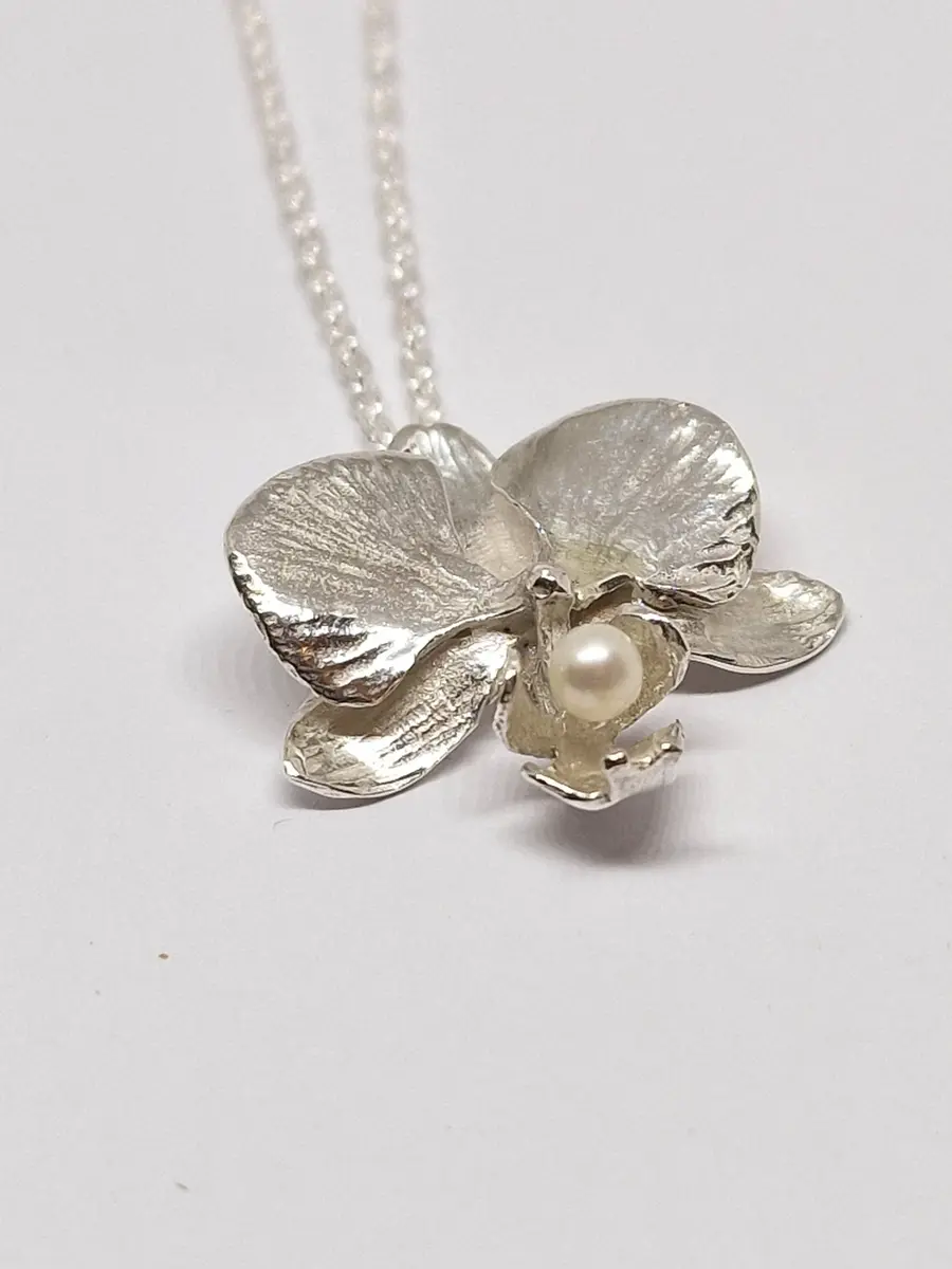Sterling Silver & Pearl Moth Orchid Pendant Necklace
