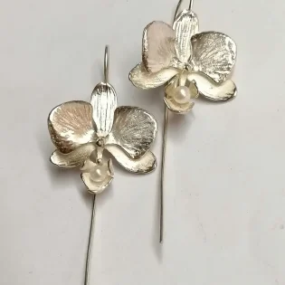 Sterling Silver & Pearl Moth Orchid Drop Earrings