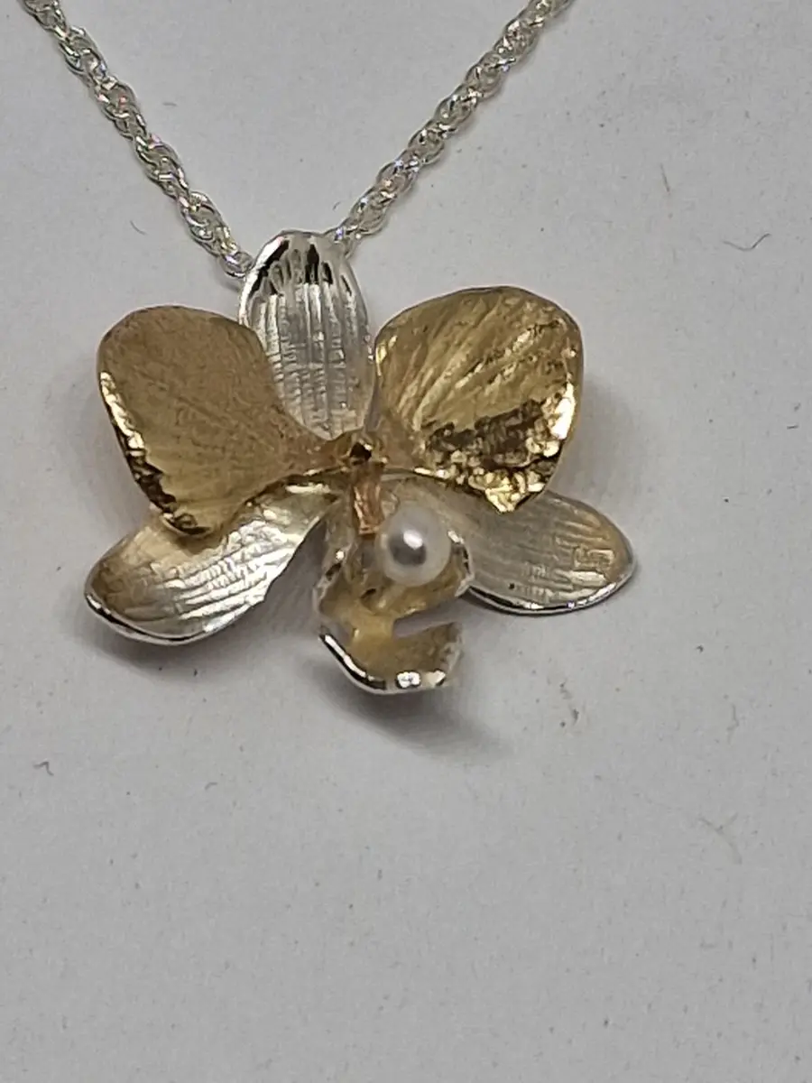 9ct Gold, Pearl & Sterling Silver Moth Orchid Pendant Necklace